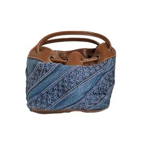 Tommy Hilfiger Vintage Blue Straw Bucket Bag Brown Trim Coastal Grandmother Y2K